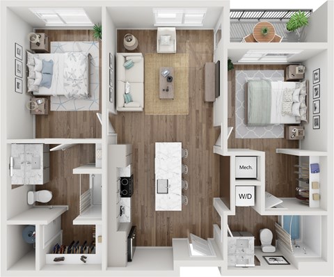 Floor plan for 2 beds, 2 baths, 953 sqft